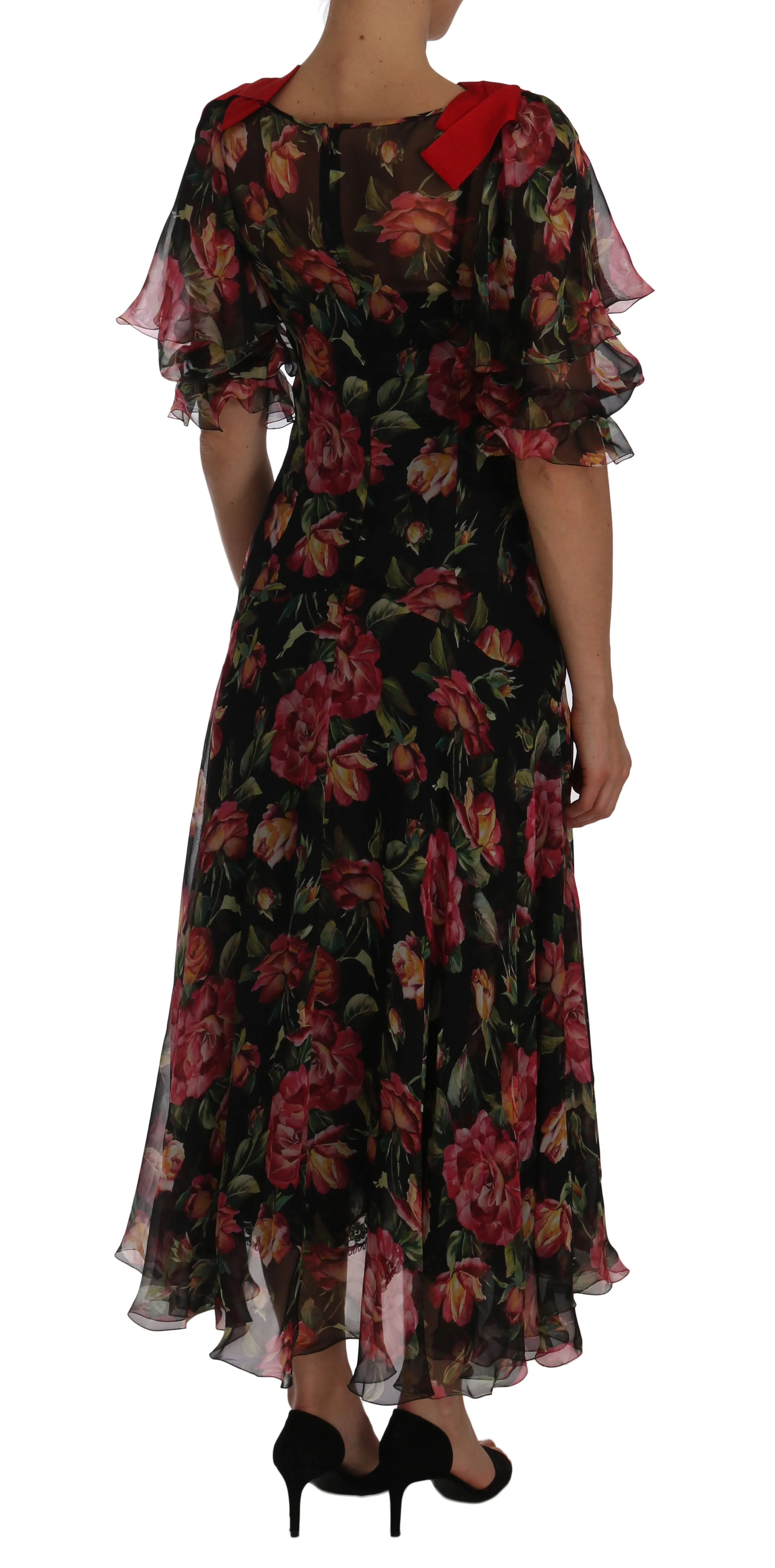 Black Floral Roses A-Line Shift Gown