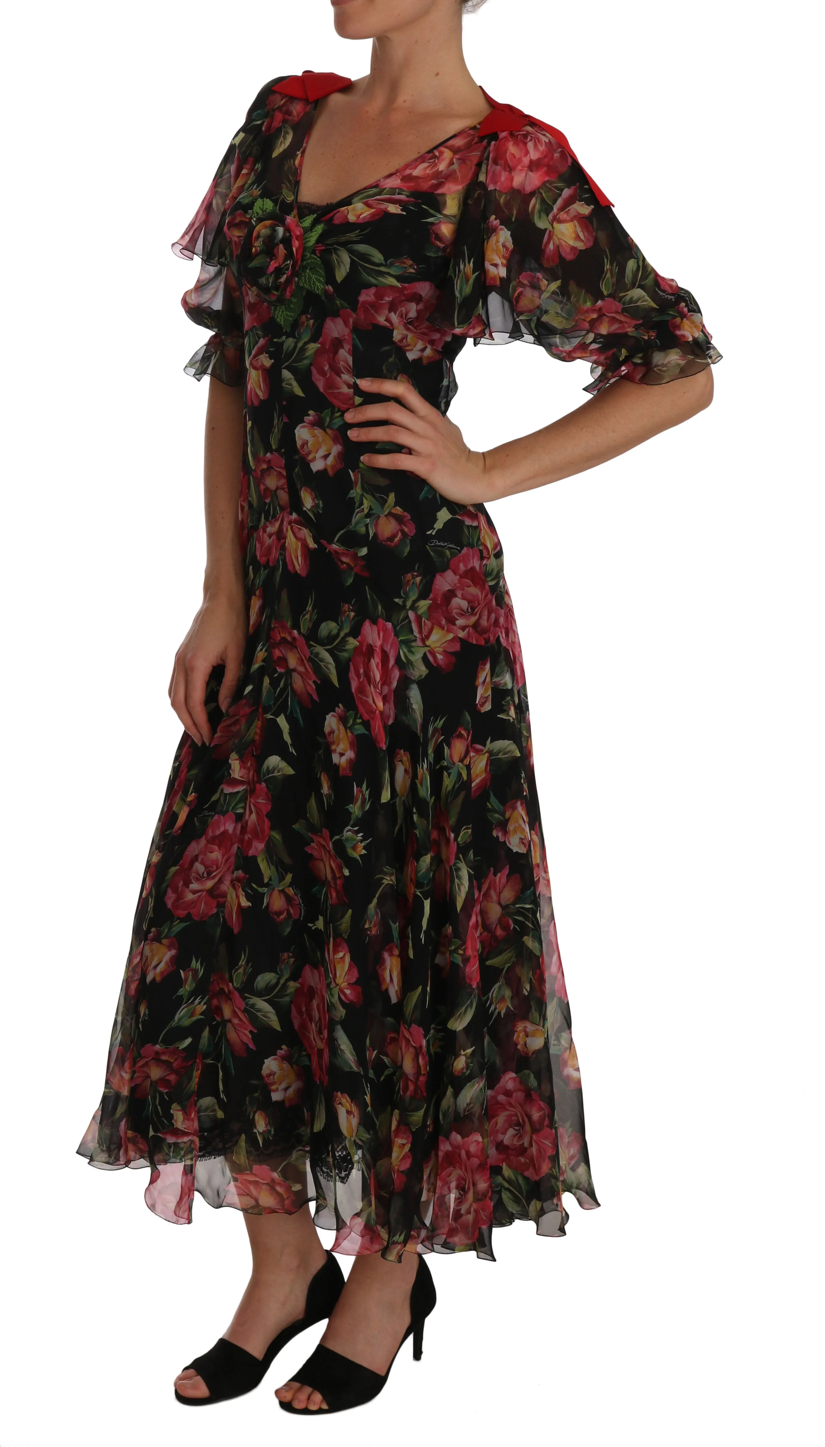 Black Floral Roses A-Line Shift Gown