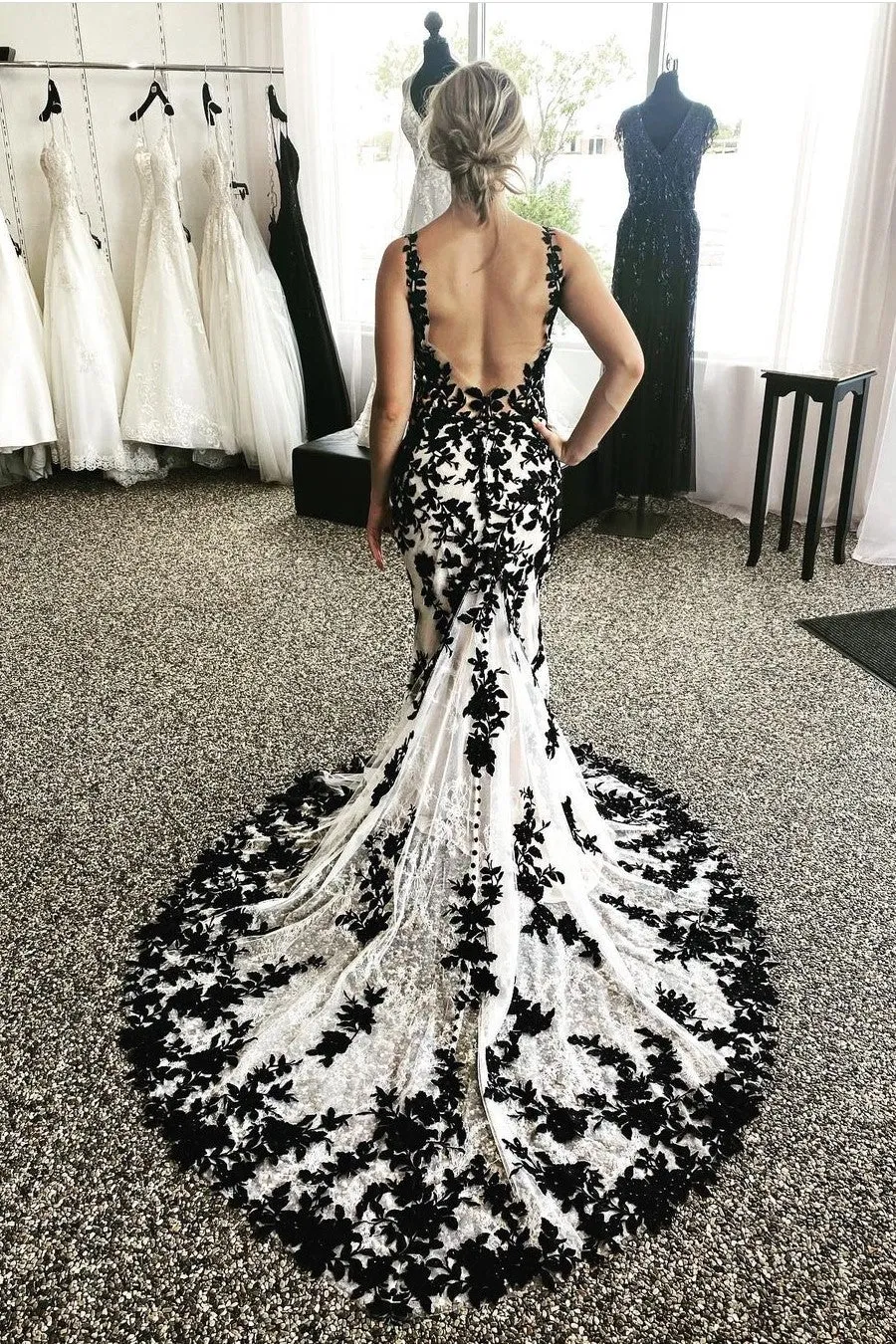 Black Lace Appliques Wedding Gown V-neckline