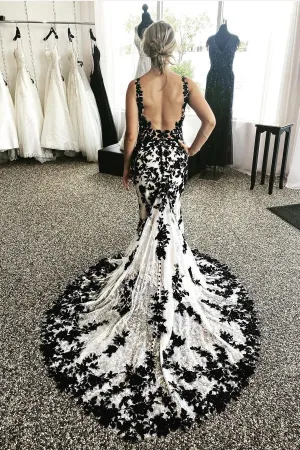 Black Lace Appliques Wedding Gown V-neckline