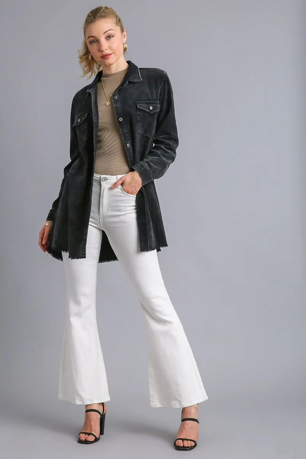 Black Raw Hem Button Down Denim Jacket with Chest Pockets