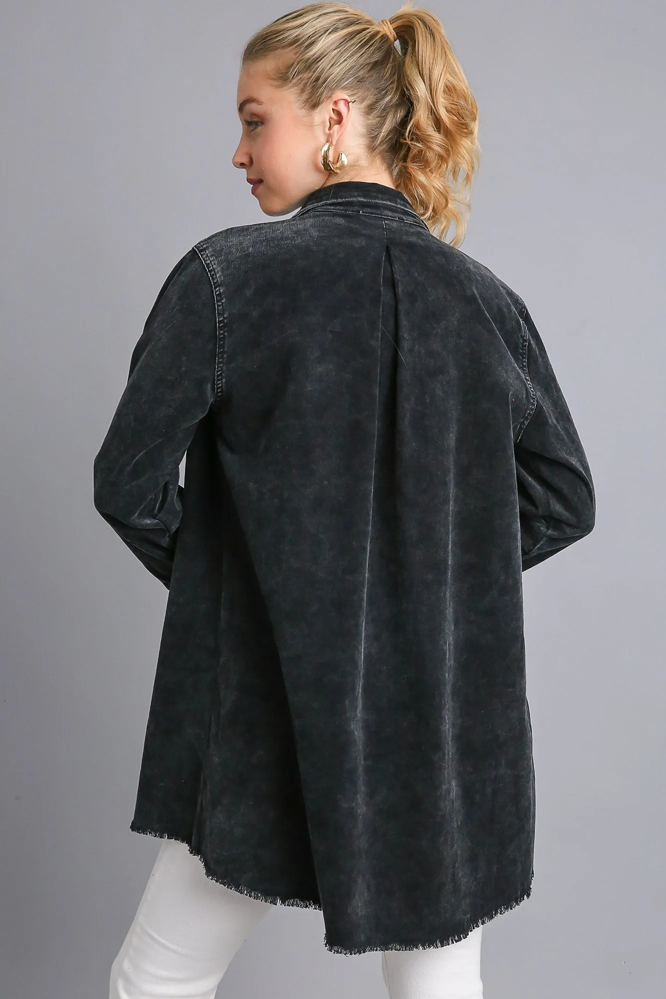 Black Raw Hem Button Down Denim Jacket with Chest Pockets
