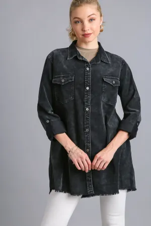 Black Raw Hem Button Down Denim Jacket with Chest Pockets