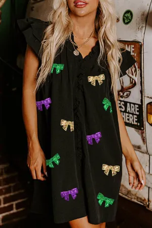 Black Sequined Bowknot Patch Graphic Ruffle Sleeve Shift Dress
