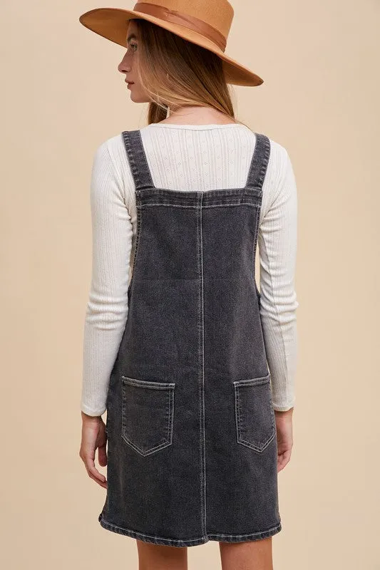 Black Wide Strap Denim Overall Dress with Pockets