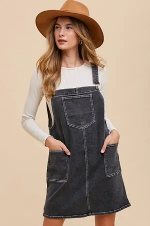 Black Wide Strap Denim Overall Dress with Pockets