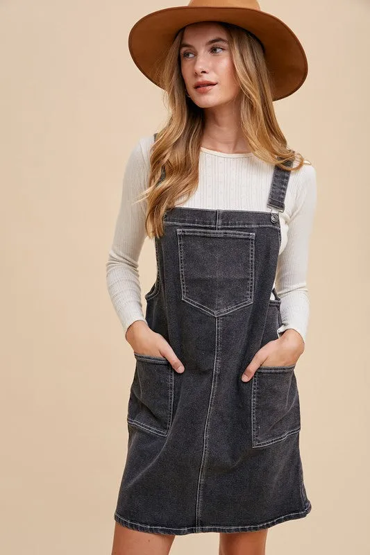 Black Wide Strap Denim Overall Dress with Pockets