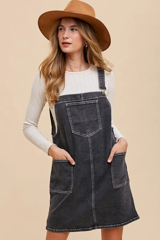 Black Wide Strap Denim Overall Dress with Pockets