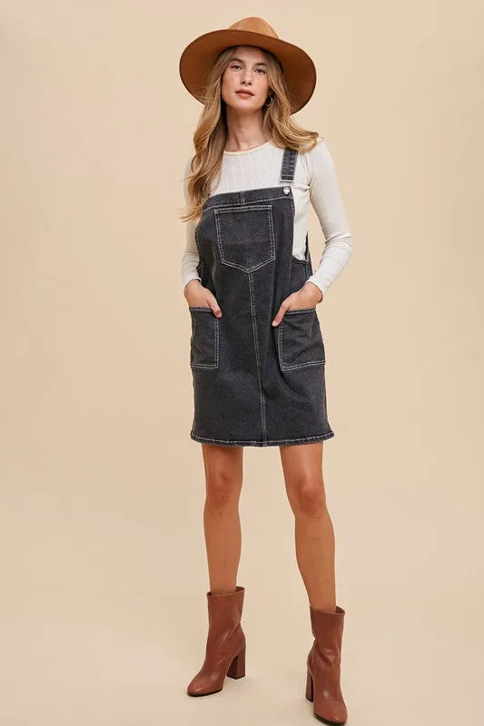 Black Wide Strap Denim Overall Dress with Pockets