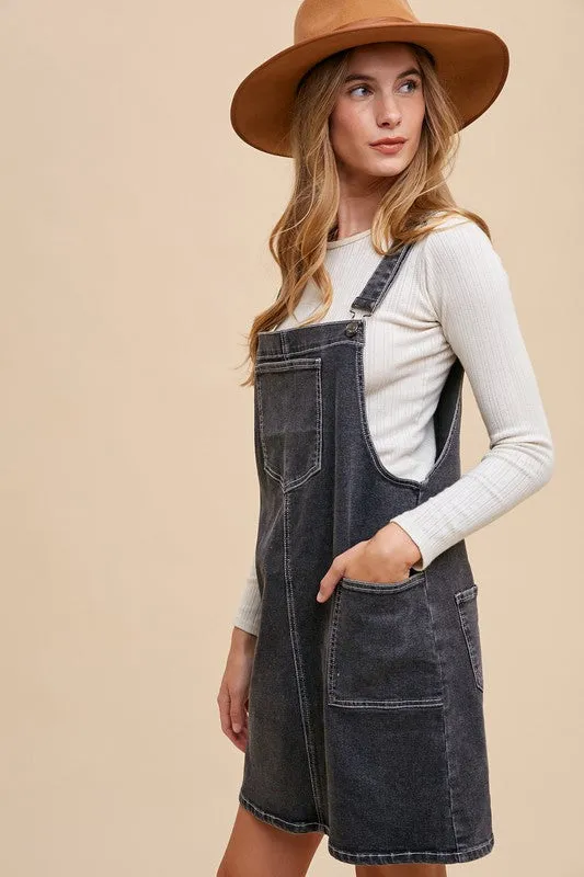 Black Wide Strap Denim Overall Dress with Pockets