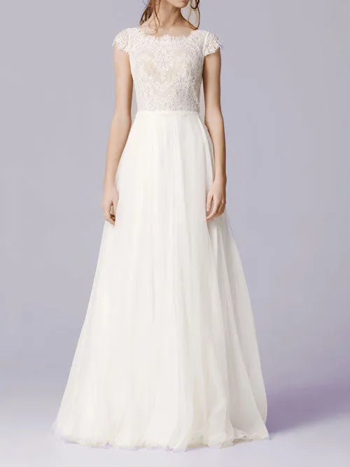 Boho Chiffon Lace Wedding Dress with Cap Sleeves