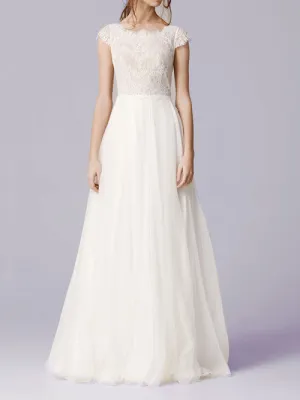 Boho Chiffon Lace Wedding Dress with Cap Sleeves