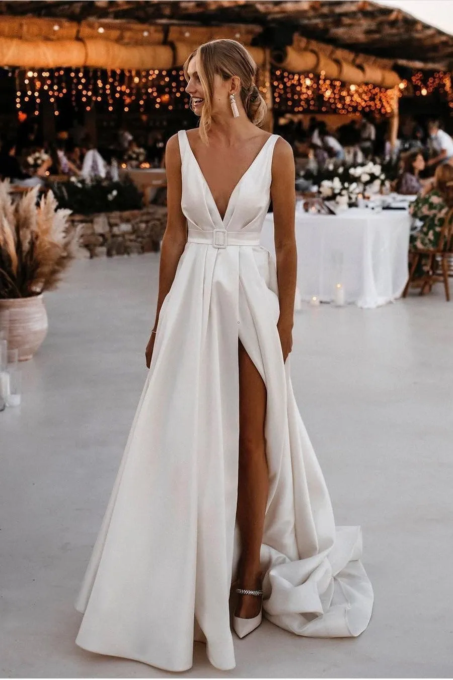 Bridal Satin Flying Dress with Deep V-neckline