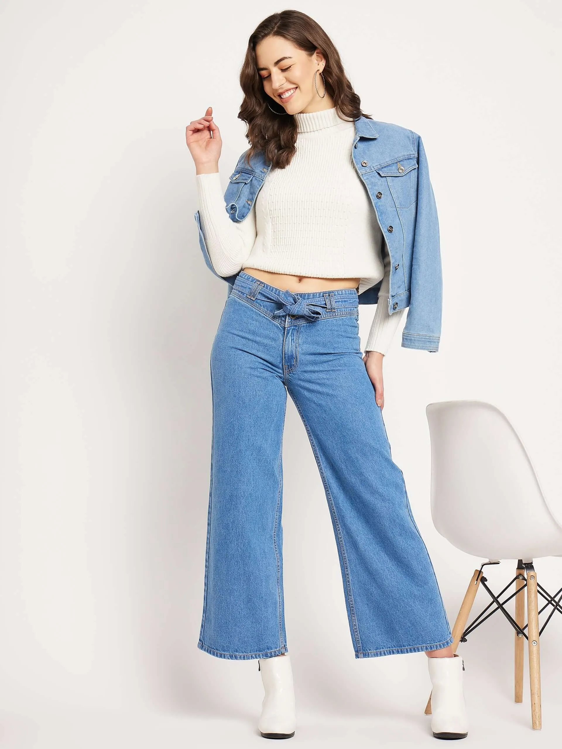 Camla Barcelona Belted Waist Light Blue Wide Leg Jeans