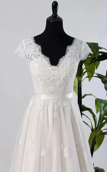Cap Sleeve Tulle Lace Satin Weddig Dress With Low-V Back