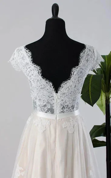 Cap Sleeve Tulle Lace Satin Weddig Dress With Low-V Back