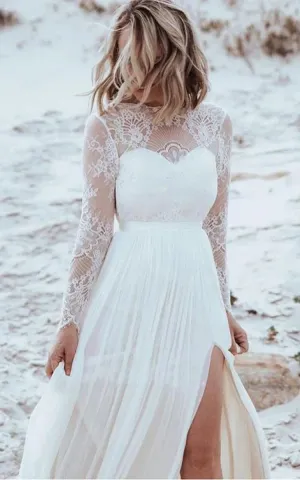 Casual Lace Bateau A Line Tulle Floor-length Wedding Dress with Split Front and Pleats