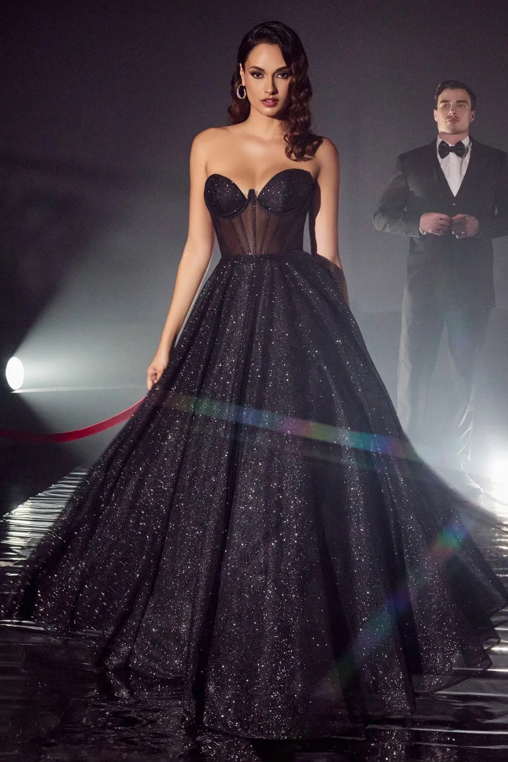 CD CD275 - Strapless Glittery A-Line Prom Gown with Sheer Boned Corset Bodice & Open Lace Up Corset Back