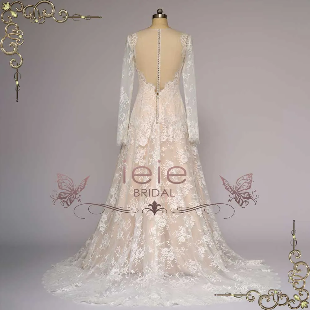 Champagne Lace Wedding Dress with Long Sleeves | AEDRE