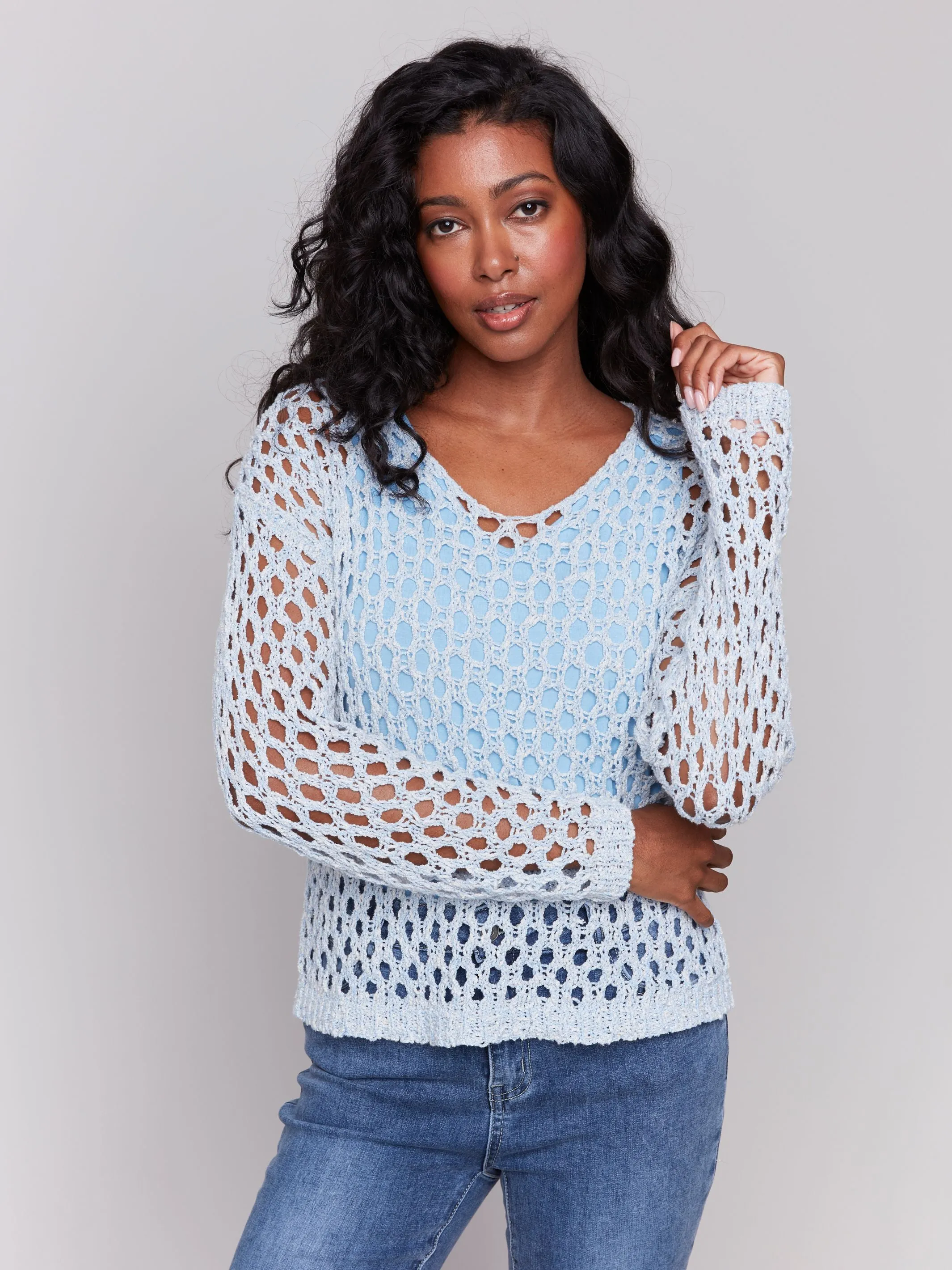 Charlie B Fancy Yarn Fishnet Sweater Denim