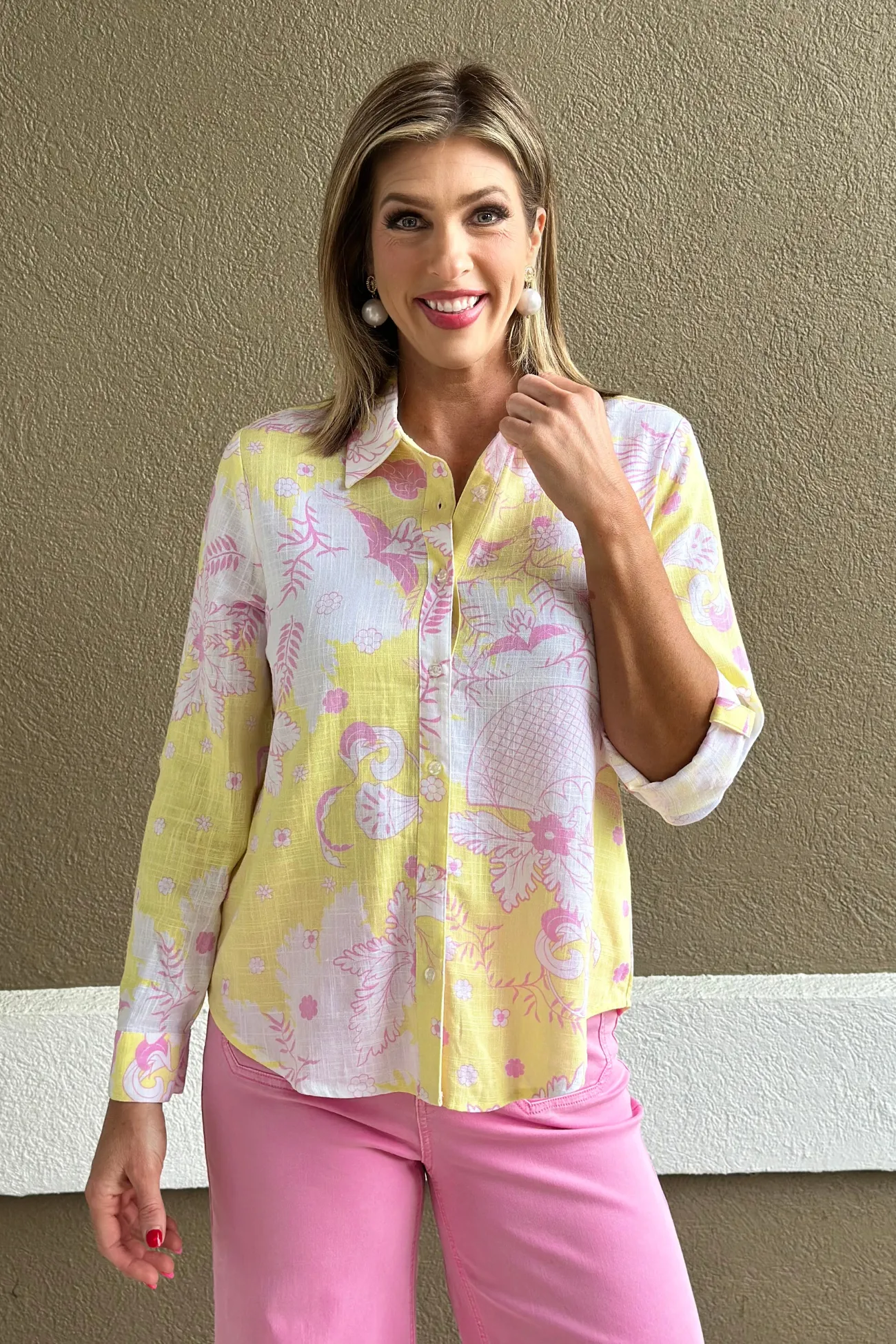 Charlie B Lemonade Printed Roll-Up Sleeve Shirt