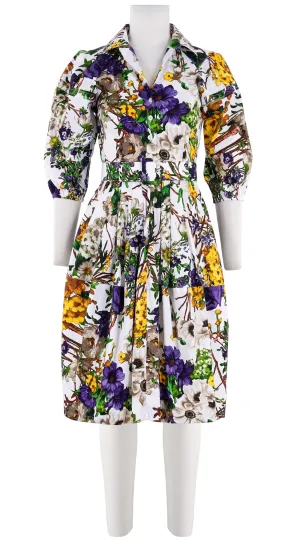 Claire Dress Shirt Collar 3/4 Puff Sleeve Cotton Stretch (Alpine Flowers)