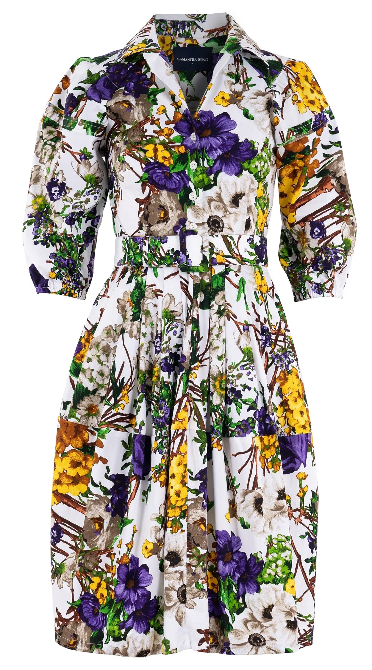 Claire Dress Shirt Collar 3/4 Puff Sleeve Cotton Stretch (Alpine Flowers)