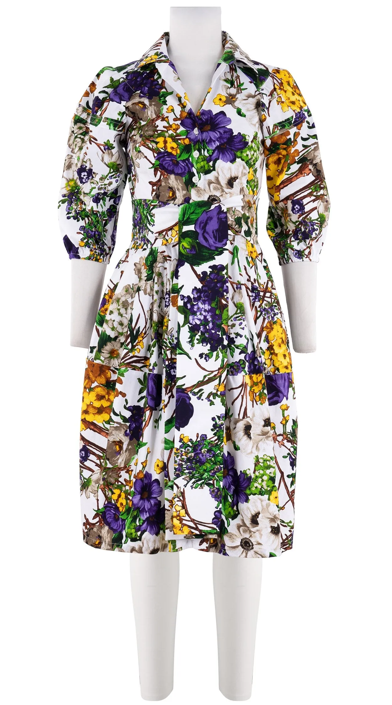Claire Dress Shirt Collar 3/4 Puff Sleeve Cotton Stretch (Alpine Flowers)