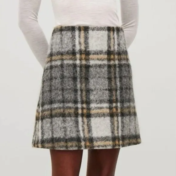 COS Plaid Wool Blend A-Line Skirt Size 8 Black Gray