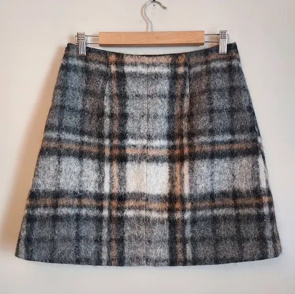COS Plaid Wool Blend A-Line Skirt Size 8 Black Gray