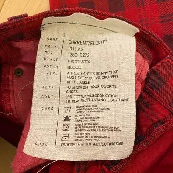 Current/Elliott The Stiletto Skinny Jeans Red Plaid 28