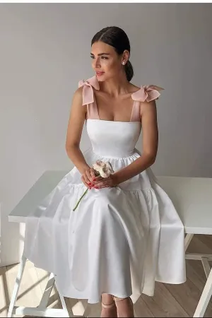 Cute A-line White Bridal Dress with Bows Sash