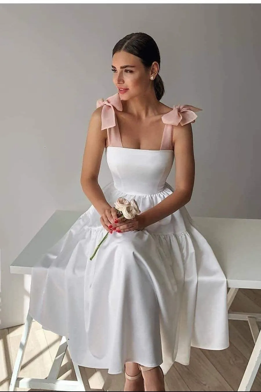 Cute A-line White Bridal Dress with Bows Sash