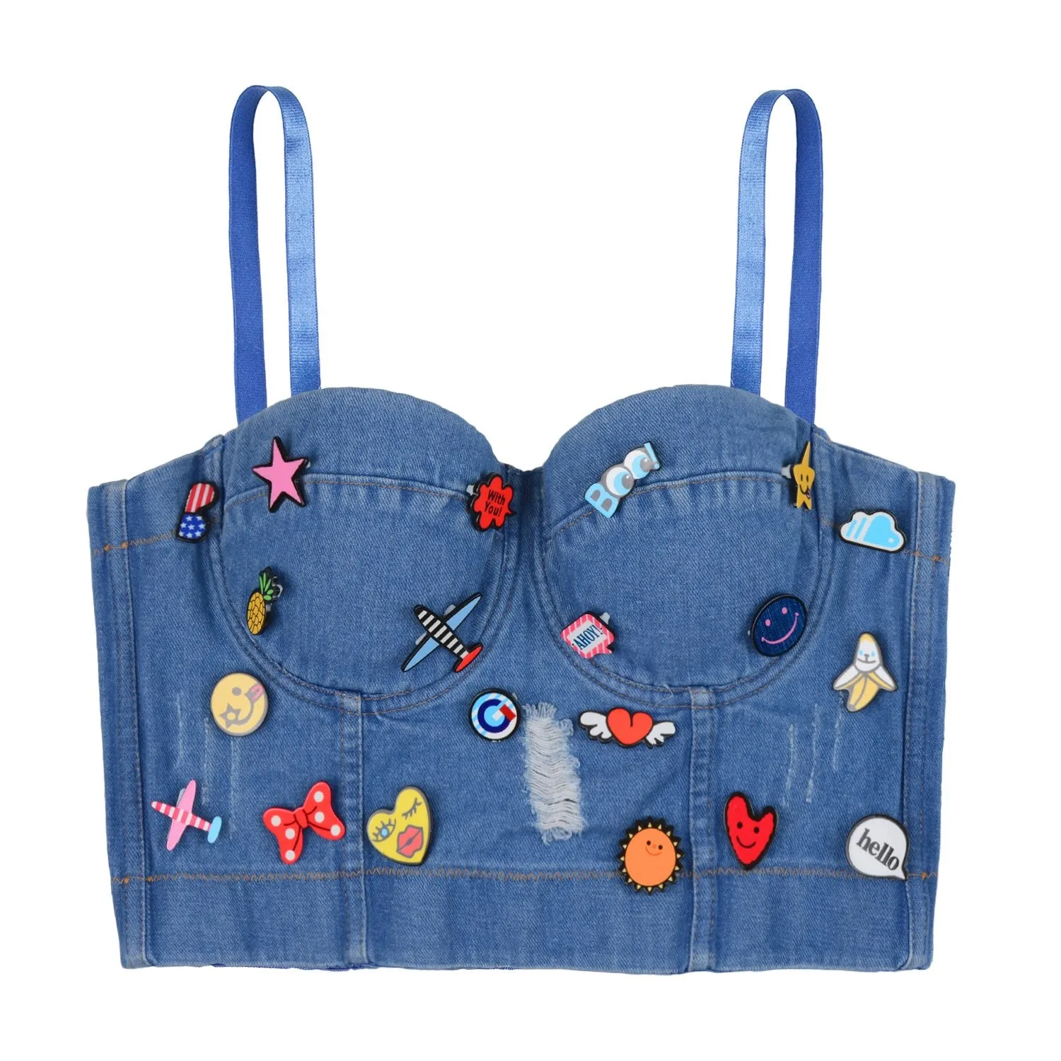 Deium Hole Cute Women's Bustier Crop Top Jean Corset Top Bra