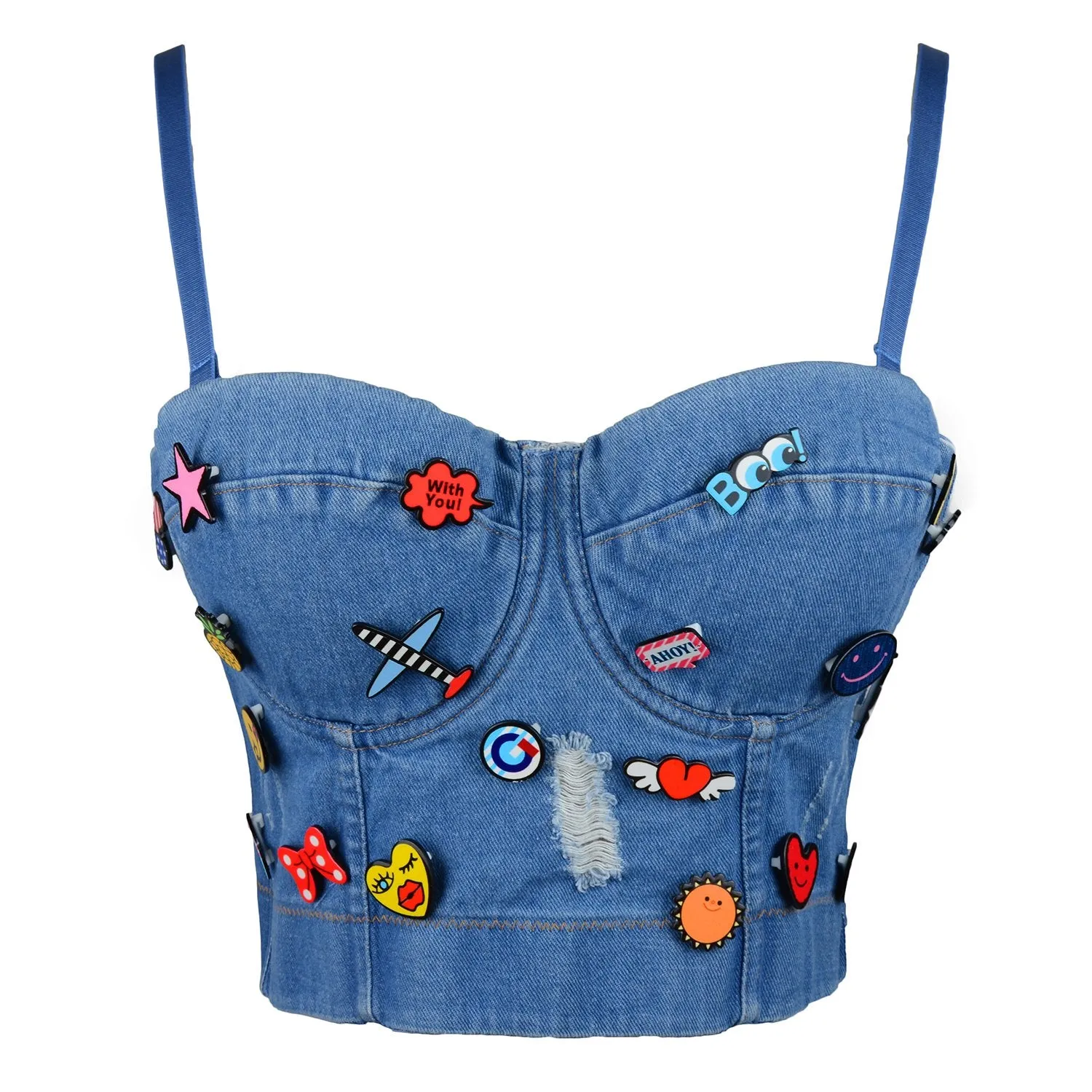 Deium Hole Cute Women's Bustier Crop Top Jean Corset Top Bra