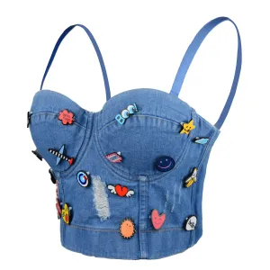 Deium Hole Cute Women's Bustier Crop Top Jean Corset Top Bra