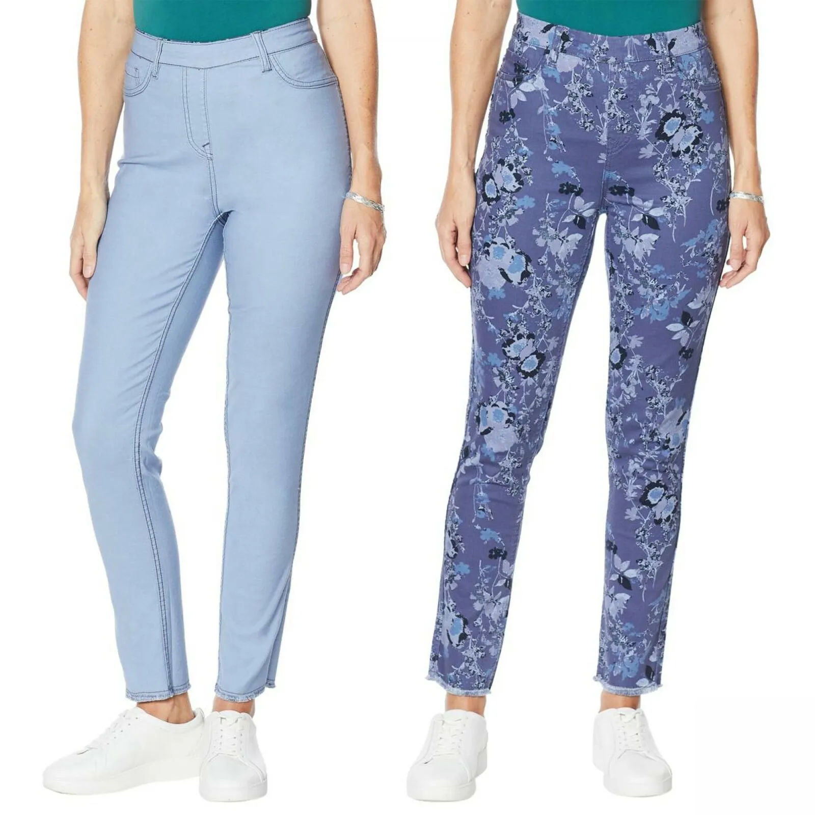 DG2 by Diane Gilman Twill Pull On Skinny Jeans Blue Floral Petite Medium