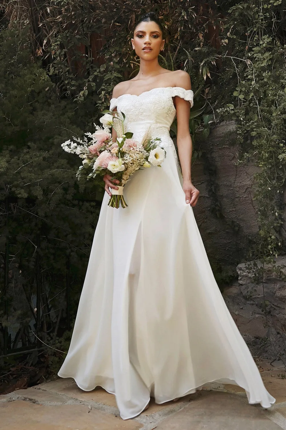 Dina Wedding Dress Off the Shoulder with Chiffon Skirt C7258KR-White