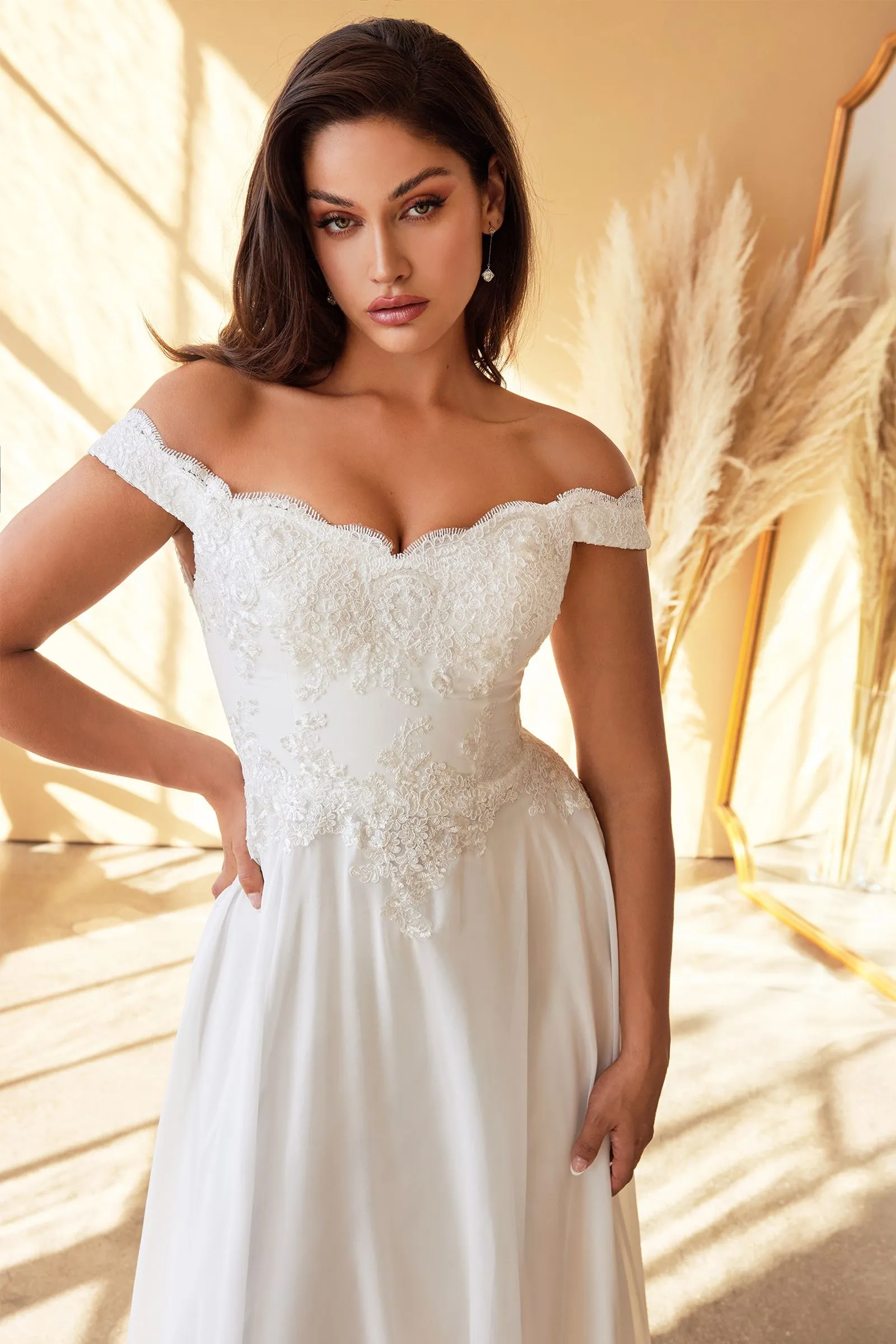 Dina Wedding Dress Off the Shoulder with Chiffon Skirt C7258KR-White
