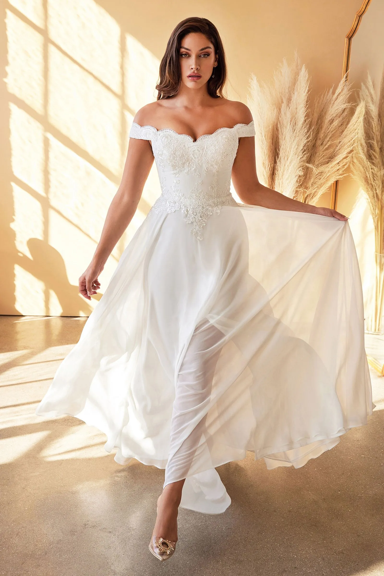 Dina Wedding Dress Off the Shoulder with Chiffon Skirt C7258KR-White