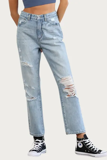 DISTRESSED HIGH-RISE STRAIGHT-LEG JEANS