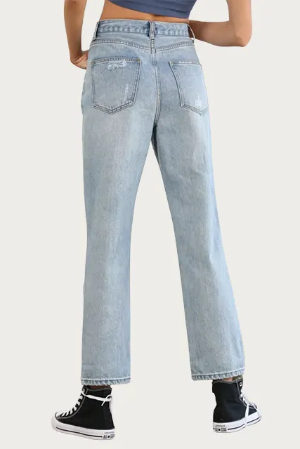 DISTRESSED HIGH-RISE STRAIGHT-LEG JEANS