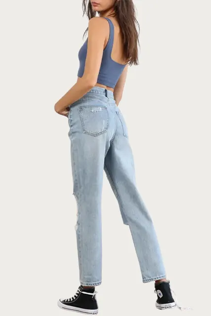DISTRESSED HIGH-RISE STRAIGHT-LEG JEANS
