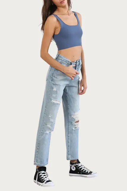 DISTRESSED HIGH-RISE STRAIGHT-LEG JEANS