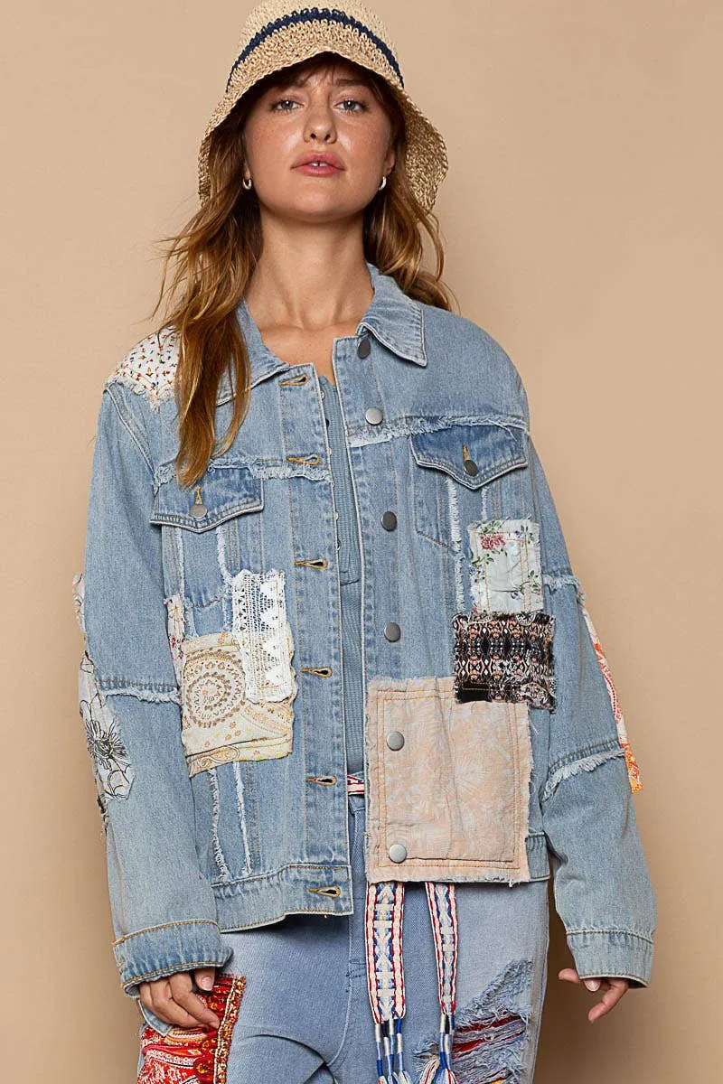 Distressed Outseam Patch Detail Button Down Denim Jacket /Stuffology Boutique