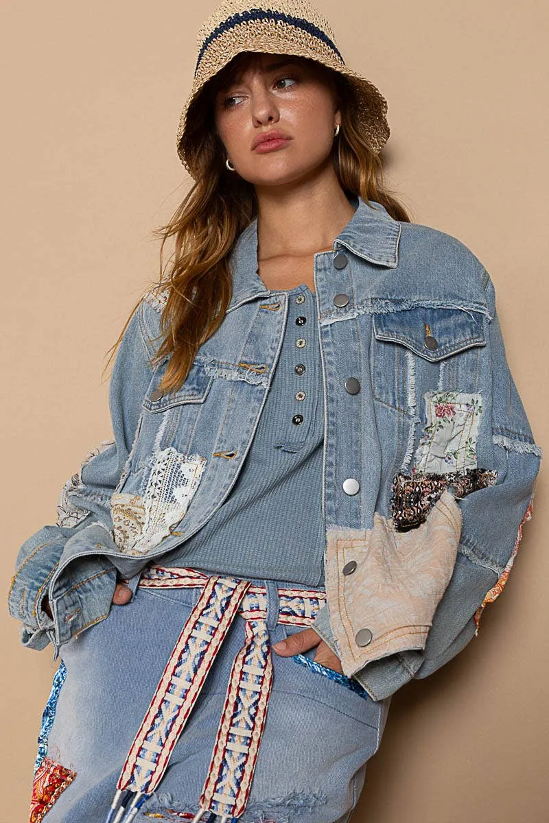 Distressed Outseam Patch Detail Button Down Denim Jacket /Stuffology Boutique