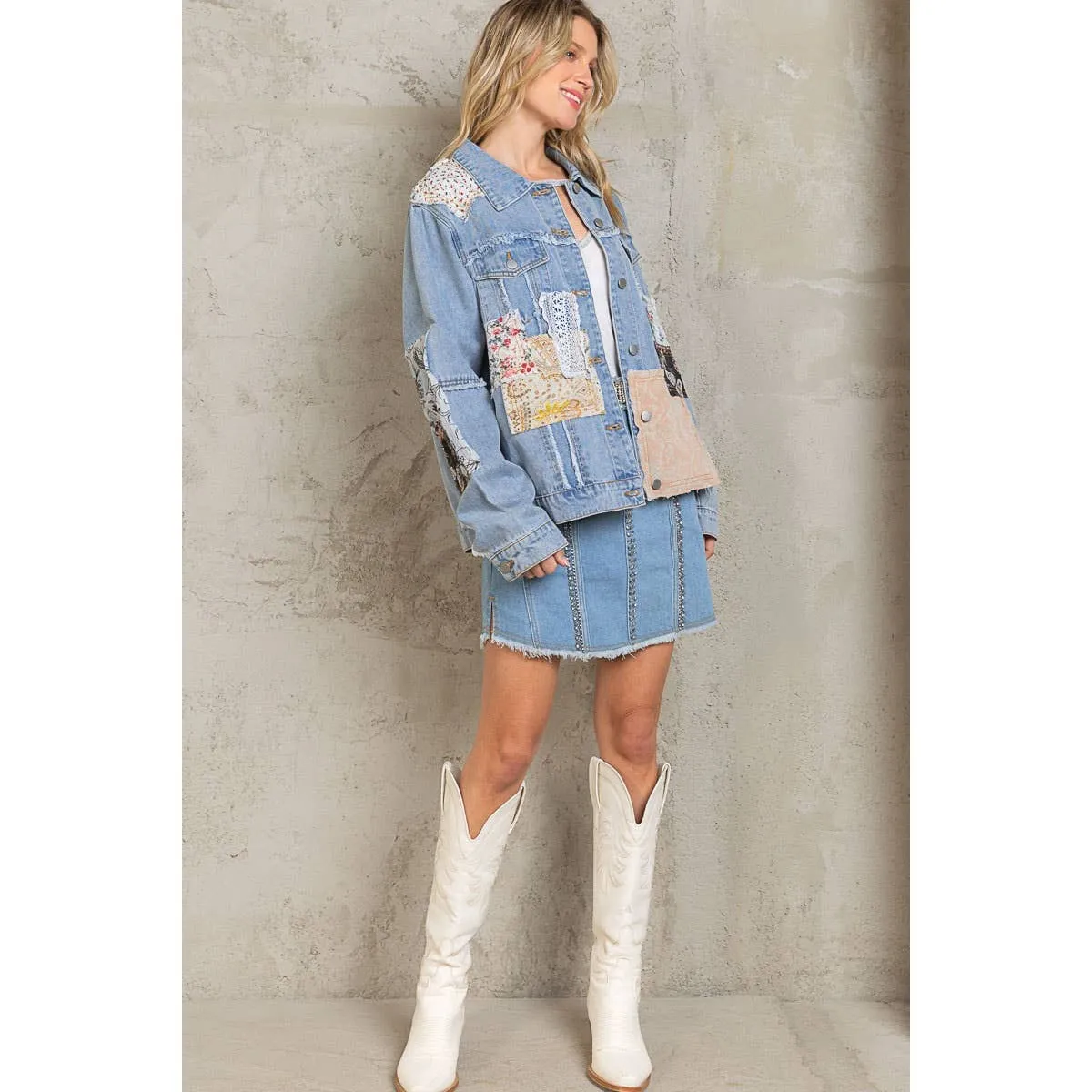 Distressed Outseam Patch Detail Button Down Denim Jacket /Stuffology Boutique