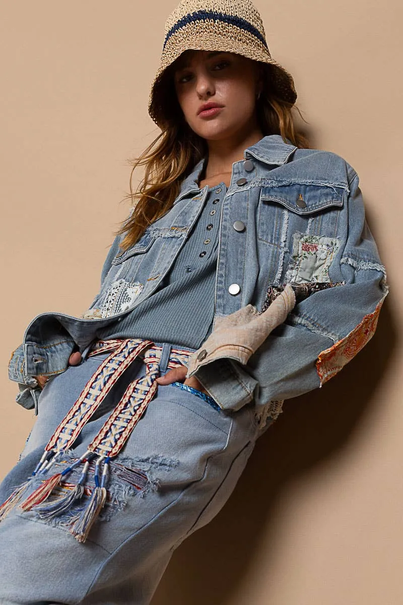 Distressed Outseam Patch Detail Button Down Denim Jacket /Stuffology Boutique
