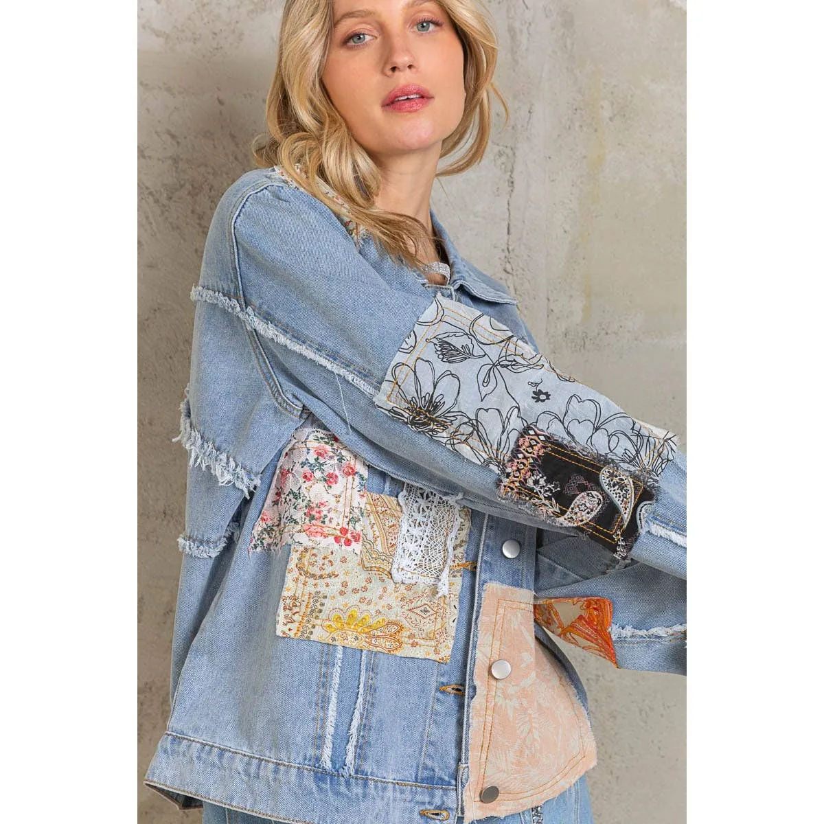 Distressed Outseam Patch Detail Button Down Denim Jacket /Stuffology Boutique