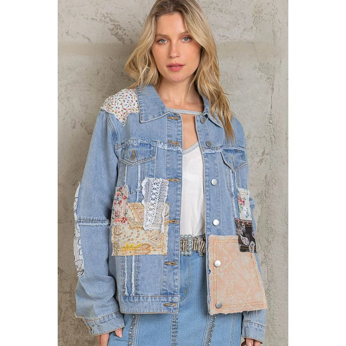 Distressed Outseam Patch Detail Button Down Denim Jacket /Stuffology Boutique